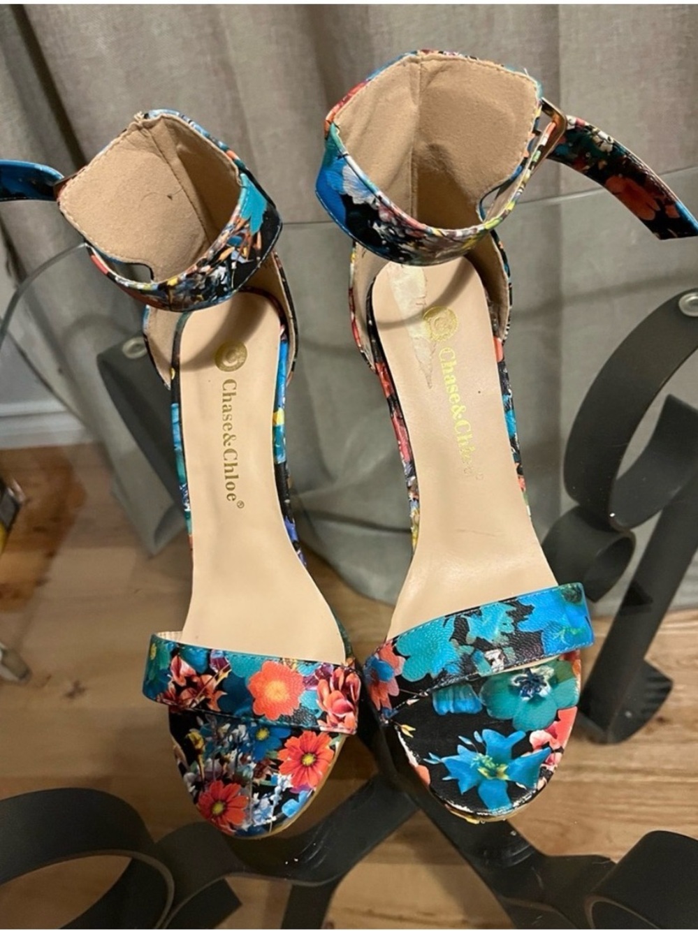 Chase + Chloe Floral Ankle-Strap Heels in Black, Blue, Pink and Orange